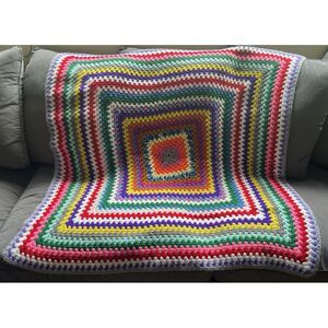 Vtg Crochet Granny Square Afghan Blanket Throw Rainbow‎ Colorful Handmade Square